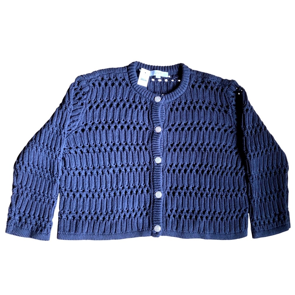 NWTS LOFT Black Open Knit‎ Cardigan Gold Crest Buttons XL